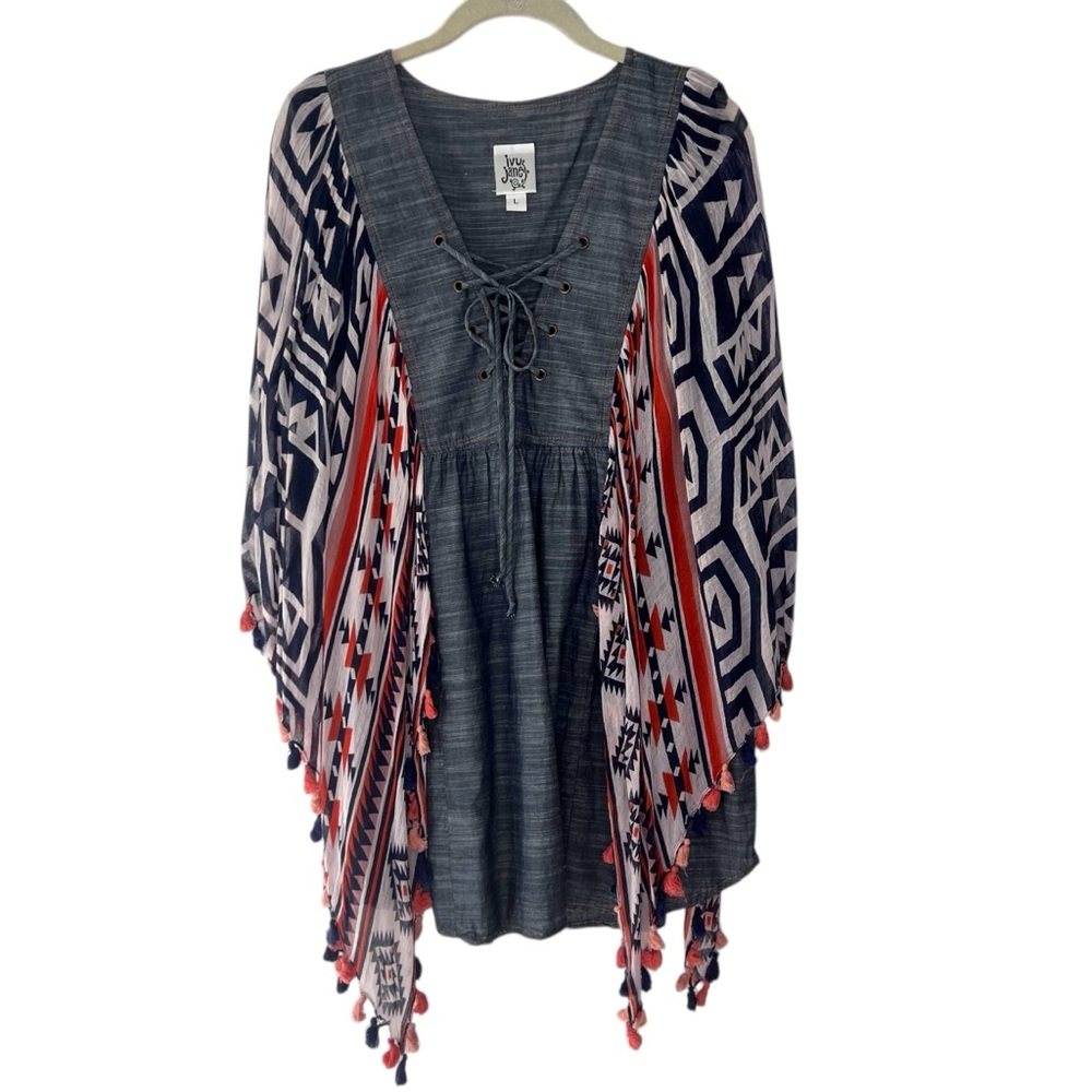 Ivy Jane  chambray top with draped sleeves finished with tassels boho Sz L